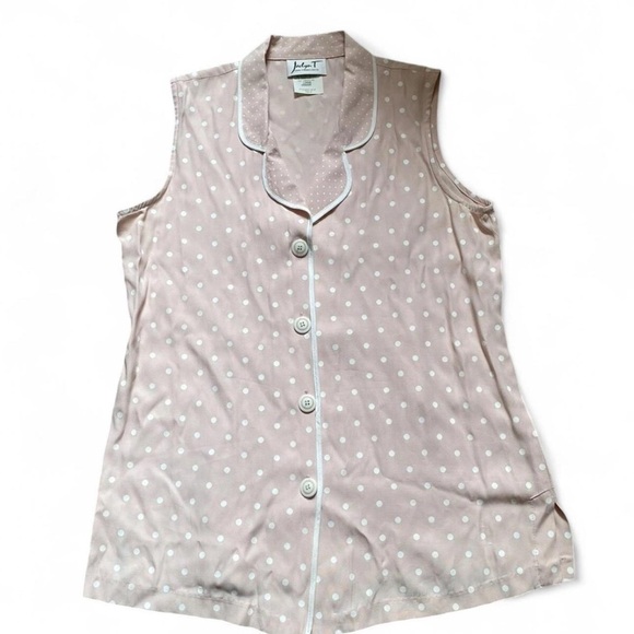 Vintage 80s Cottagecore Button Up Tank LARGE Jadyn T Pastel Pink Polka Dot - Picture 3 of 8